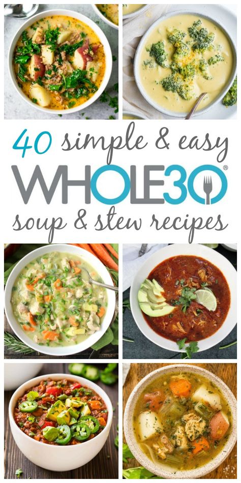 These 40 Whole30 soup, stew and chili recipes are hearty, delicious and perfect for a weeknight meal or meal prepping. They are all also paleo, dairy-free and gluten-free, and sure to be new family favorites. From chicken soups, beef soups, pork, turkey, seafood and vegetarian soups, this post brings you all of the best Whole30 soup recipes! #whole30soup #paleosoup #whole30recipes #whole30souprecipes #dairyfreesoups #whole30stew Whole 30soup Soup Recipes, Whole 30 Chicken Chowder Recipe, Paleo Family Dinner Recipes, Whole 30 Soup Slow Cooker, Whole 30 Hearty Meals, Whole30 Chicken Soup Recipes, Vegetarian Recipes Whole 30, Whole30 Chicken Soup, Health Soup Recipes Clean Eating