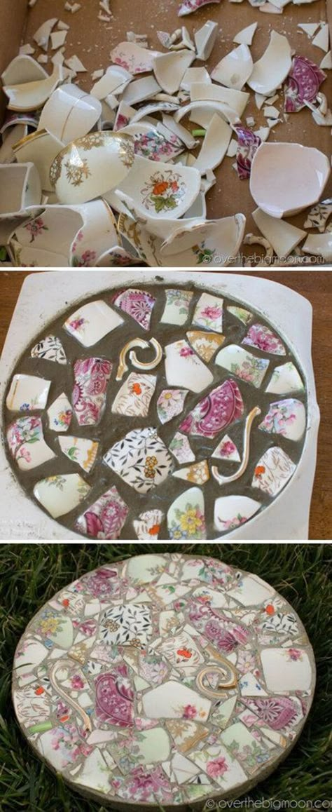 Elegant Broken China Garden Stone Garden Stones Diy, Stepping Stones Diy, Mosaic Stepping Stones, Diy Mosaic, Garden Stepping Stones, Garden Steps, Stones Diy, Mosaic Garden, Broken China