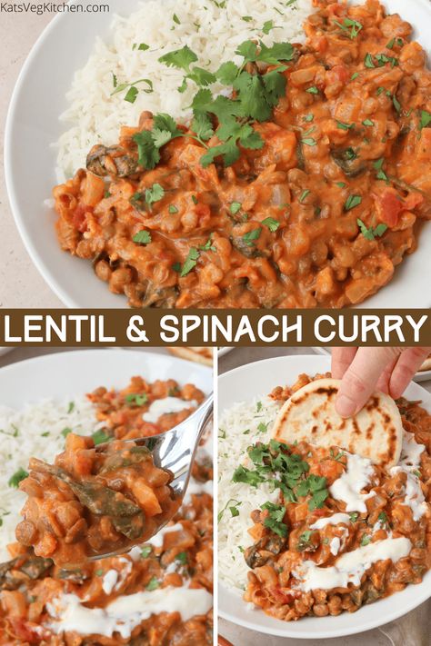 Recipe for Lentil & Spinach Curry - a flavour packed and easy to make vegetarian and vegan curry with tinned lentils and spinach #vegetariancurry #lentilcurry #katsvegkitchen #vegancurry #easycurryrecipe Lentil With Spinach Recipes, Lentils Spinach Recipe, Lentil And Spinach Curry, Spinach Lentil Curry, Tinned Lentil Recipes, Lentil Spinach, Baby Spinach Recipes, Meatless Entrees, Veggie Curry