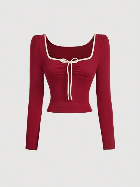 SHEIN MOD Tomato Girl Fall Coquette Long Sleeve Women Tops With Contrasting Edge,Red Top,Winter Tops,Fall TopsI discovered amazing products on SHEIN.com, come check them out! Blusas Coquette, Top Rojo, Tomato Girl, Fall Coquette, Red Long Sleeve Shirt, Romantic Outfit, Fashion Tights, Coquette Bow, Winter Tops