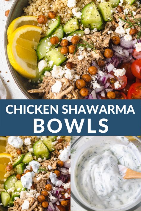 These nourishing chicken shawarma bowls are full of warm Middle Eastern flavors, vibrant vegetables and bold herbs. It can easily be made into meal prep for the week or made for dinner. Schwarma Chicken Sides, Chicken Swarma Meal Prep, Shawarma Bowl, Schwarma Chicken, Schwarma Chicken Bowls, Shwarma Chicken Bowls, Chicken Shawarma Bowl Recipe, Chicken Schwarma Crockpot Shawarma, Chicken Shawarma Bowl