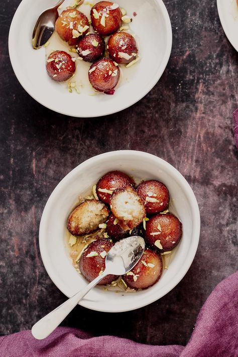 Learn how to make Vegan Gulab Jamun using my simple dry mix as a starting point to make this festive Indian sweet consisting of soft cardamom-scented donut balls soaked in rose water syrup. Dairy-free and with gluten-free option! #diwali #indianrecipes #vegan Vegan Indian Dessert, Donut Balls, Diwali Sweets Recipe, Vegan Indian Recipes, Vegan Richa, Soy Free Recipes, Diwali Sweets, Gulab Jamun, Vegan Cream Cheese