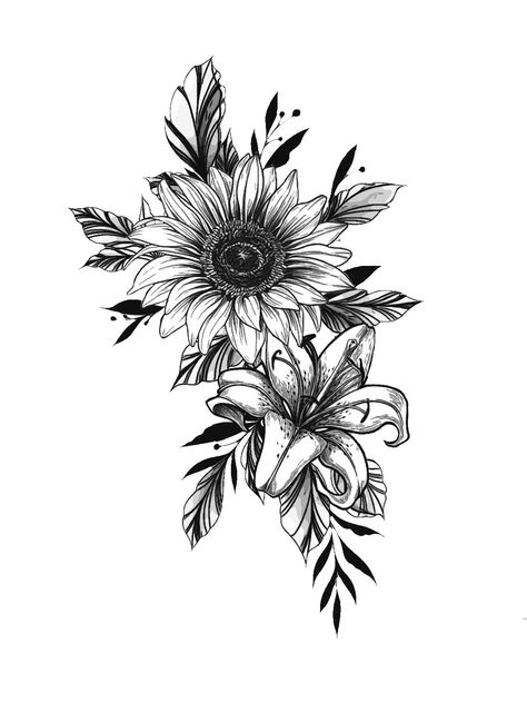 Back Tattoo Women Sunflower, Lilly Sunflower Tattoo, Sunflower Floral Tattoo Design, Lily And Sunflower Tattoo Design, Lilly And Sunflower Tattoo, Sunflower Shoulder Tattoos For Women, Sunflower Half Sleeve Tattoo, Sun Flower Tattoos, Flower Tattoo Cover Up