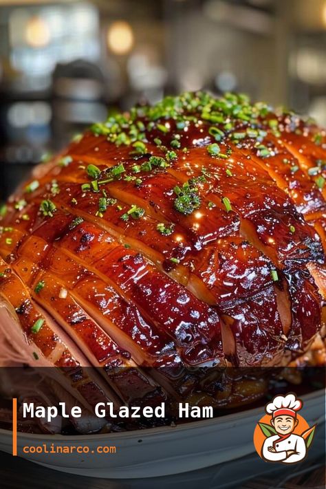 A delicious and sweet maple glazed ham recipe that is perfect for any special occasion or holiday meal. Ham Marinade Recipes, Maple Glaze For Ham Recipe, Maple Glazed Ham Baked, Hickory Ham Recipes, Maple Syrup Ham Glaze Recipe, Whole Boneless Ham Recipes, Maple Glaze For Ham, Ham Shank Recipes, Honey Baked Ham Glaze