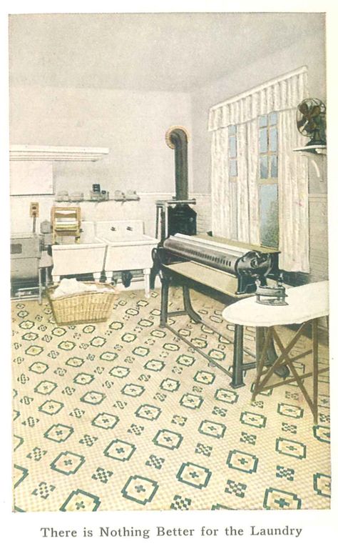 Laundry room with inlaid linoleum floor from 1921 linoleum catalog. 1915 House, Linoleum Kitchen, Kitchen Floor Ideas, 1920s Interior, 1920 Home, Craftsman Interiors, Craftsman Remodel, 1920s House, Ideas For Kitchen