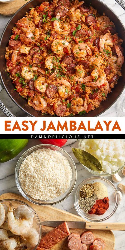 Whip up this one pot jambalaya recipe! It's a simple dinner idea with the easiest cleanup. Along with sausage, shrimp, and veggies, this jambalaya rice is an amazing main dish for dinner! Pin this for later! Not Spicy Jambalaya Recipe, Easy Well Balanced Meals, Turkey Jambalaya Recipe, Shrimp Sausage And Rice, Shrimp And Sausage Recipes Rice, Shrimp And Sausage Jambalaya Recipe, Shrimp Sausage Recipes, Turkey Sausage Dinner, Authentic Jambalaya Recipe