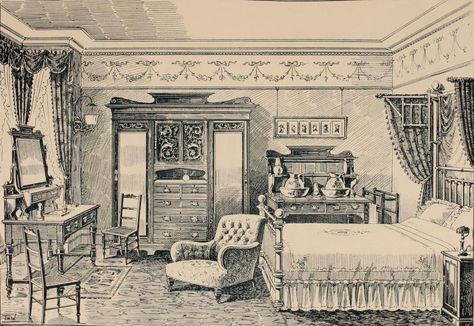 Edwardian Bedroom. Illustrations from The Army & Navy Stores catalogue. (Edwardian Promenade credit) Edwardian Curtains, Edwardian Interior Design, 1900s Bedroom, 1900 Bedroom, Edwardian Bedroom, Edwardian Interiors, Edwardian Design, Edwardian Architecture, Victorian Bedroom