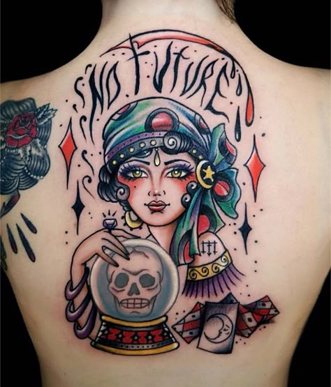 Jon on Instagram: “Fortune teller by @misstaketattoo . . . . . . #oldschoolbacktattoos #oldschool #oldschooltattoos #radtrad #topclasstattooing #oldlines…” American Traditional Fortune Teller Tattoo, Traditional Tattoo Pieces, Fortune Teller Drawing, Fortune Teller Tattoo, Trashy Tattoos, Fortune Tattoo, Circus Tattoo, Mujeres Tattoo, Abstract Tattoo Ideas