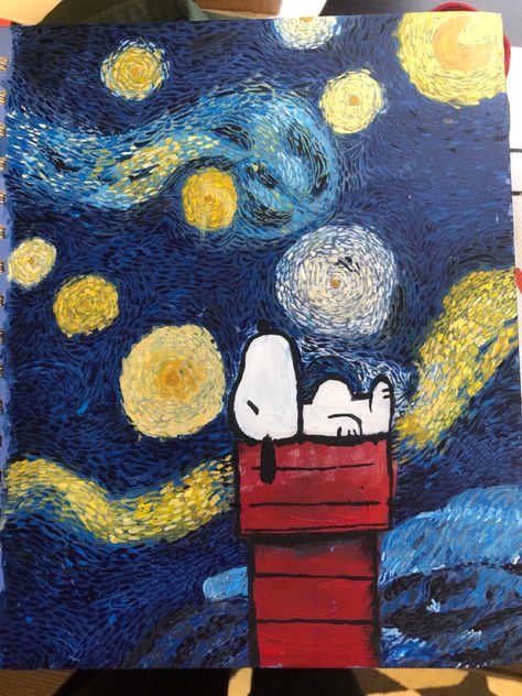 snoopy peanuts van gogh starry night painting with oil and acrylic paints on canvas Snoopy Paintings On Canvas, Snoopy Artwork, Van Gogh Starry Night Painting, Snoopy Painting, Paints On Canvas, Starry Night Painting, Abstract Art Painting Diy, Starry Night Van Gogh, Cute Paintings