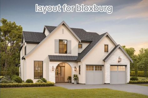 Transitional House Plans, Roblox House Ideas, Transitional Farmhouse, European Style Homes, Bloxburg Houses, Sims House Plans, Sims Houses, Sims Builds, Modern Farmhouse Exterior