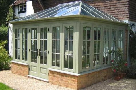 Green Conservatory, Edwardian Conservatory, Conservatory Design, Conservatory Garden, Cabin Tiny House, Backyard Seating, Hip Roof, Cottage Cabin, Sunrooms