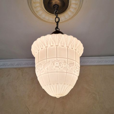 More Quality Made in the USA  Lighting CLICK HERE ↓  https://www.etsy.com/shop/TheAntiqueLights?ref=seller-platform-mcnav "Lights are the Jewels of the Home"         This antique pendant light fixture from the 1910s 20's is a beautiful addition to any space.     Nice stunning Glass Globe shade CEILING LIGHT pendant.     Sale is for 1      Beautiful by Day....Striking when Lit as guest arrive to enjoy it's welcoming statement.     The raised pattern on the milk glass shade shows strikingly crisp from across the room.     Perfect for the hall porch guest bath.     Ceiling drop 18.5 inches. Adjustable down to 12"     Can add/subtract chain the for taller/shorter ceiling home.     Must let us know before buying for minimal cost, if any, as we honor next day shipping after payment.     Width 8 Victorian Light Fixtures, Antique Ceiling Lights, Antique Pendant Light, Low Ceiling Lighting, Antique Light Fixtures, Glass Ceiling Light, House Lighting, Vintage Ceiling Lights, Modern Hardware