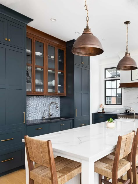 The Best Blue and Navy Kitchen Cabinet Paint Colors • Craving Some Creativity Navy Island Wood Cabinets, Best Dark Navy Paint For Cabinets, Benjamin Moore Newburyport Blue Cabinets, Hale Navy Painted Furniture, Blue Cabinets Dark Countertops, Needlepoint Navy Kitchen Cabinets, Hale Navy Benjamin Moore Kitchen Cabinets, Dark Blue Cabinets Kitchen Paint Colors, Navy Kitchen Cupboards