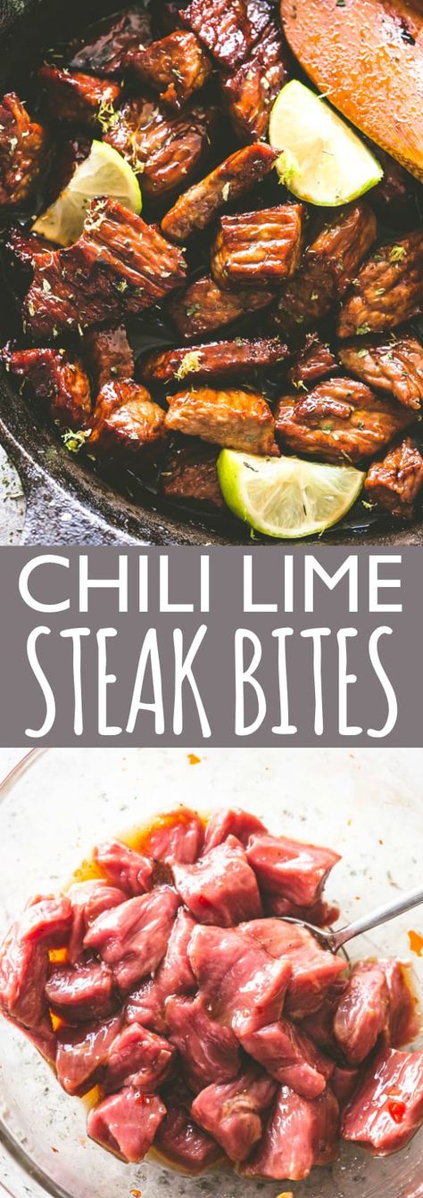 Chili Lime Steak Bites - Cubed Sirloin Steak Bites tossed in a chili lime sauce and seared to a wonderfully tender perfection. Effortless, 15 minute recipe packed with AMAZING flavors! #steak #steakbites #appetizers #lowcarb #glutenfree #newyearsrecipes #partyfood #fingerfood Sirloin Steak Bites, Lime Steak, Beef Bites, Filet Steak, Chili Lime Sauce, Steak Bites Recipe, Steak Sandwiches, Beef Filet, Easy Steak Recipes