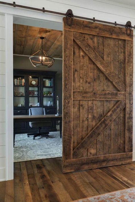 Classic lakeside home in Minnesota features modern farmhouse elements Modern Farmhouse Office, Barnwood Doors, Modern Floating Shelves, Showroom Decor, South Shore Decorating, Farmhouse Office, Rolling Barn Door, Home Office Lighting, Wood Doors Interior