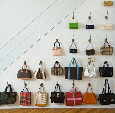 Purse Rack, Hanging Purses, Purse Display, Handbag Display, Bag Closet, Purse Storage, Handbag Storage, White Shelves, Unique Purses