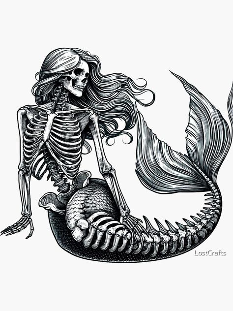 Goth Mermaid Drawing, Siren Mythical Creatures, Deep Sea Creatures Tattoo, Goth Mermaid Tattoo, Skull Mermaid Tattoo, Skeleton Fish Tattoo, Mermaid Skeleton Tattoo, Dmc Tattoo, Skeleton Mermaid Tattoo