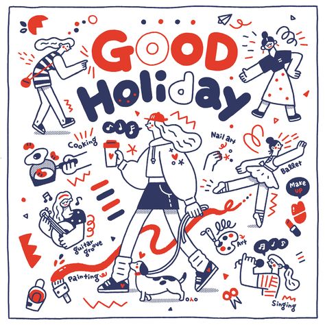 Good holiday on Behance 심플한 그림, 강아지 그림, Doodle Illustration, People Illustration, Line Illustration, Flat Illustration, Illustration Character Design, Graphic Design Inspiration, Character Illustration