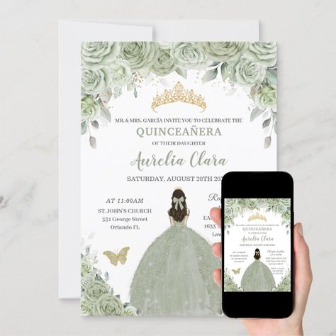 Sage Green Floral Roses Princess Gold QuinceaÃ±era Invitation Zazzle Quince Green Invitations, Sage Green Invitations Quince, Sage Green Quince Invitations, Quince Invitations Ideas, Sage Quinceanera Theme, Sage Green Quinceanera Theme, Sage Green Quince, Quinceanera Inspiration, Green Quinceanera Theme