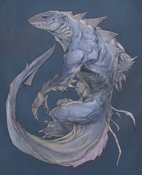 Shark Dragon, Dungeon Monsters, Scalie Art, Smiling Shark, Monster Artwork, Always Smiling, Humanoid Creatures, Shark Art, Cool Monsters