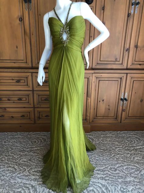 Bob Mackie 70's Sheer Silk Chiffon Beaded Keyhole Gown 70s Gown, 1980s Wedding Dress, 1970 Dress, Glam Aesthetic, Green Silk Dresses, Keyhole Dress, Silk Wedding Dress, Beaded Chiffon, Prom Dress Inspiration