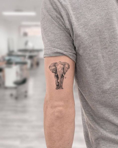 Micro-realistic style elephant tattooed on the tricep. Lotus Tattoo Men, Elephant Art Tattoo, Realistic Elephant Tattoo, Tattoo Chart, Family Tattoo Ideas, Tricep Tattoos, Geometric Line Tattoo, Fire Fighter Tattoos, Bear Tattoo Designs