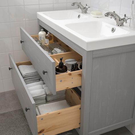 HEMNES / ODENSVIK Sink cabinet with 2 drawers, gray/Runskär faucet, 401/2x191/4x35" - IKEA Apartment Essentials List, Apartment Must Haves, Wash Stand, Ikea Hemnes, Washing Machine And Dryer, Apartment Essentials, Design Line, Small Bath, Ikea Family