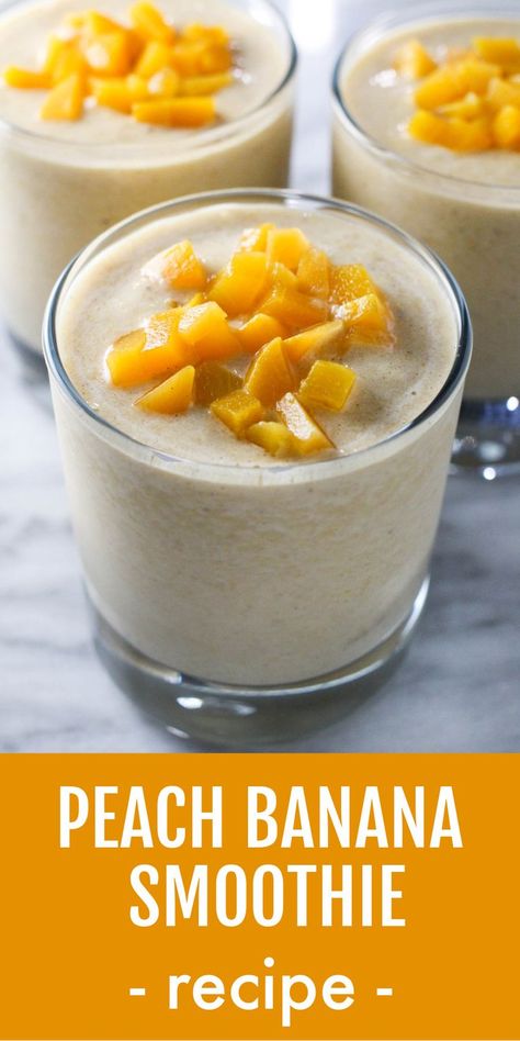 A glass of peach banana smoothie garnished with chopped peaches. Two more glasses in the background. Below the image, there is a text overlay saying: peach banana smoothie recipe. Banana Milk Smoothie, Healthy Peach Smoothie Recipes, Peach Smoothie Recipes Healthy, Smoothie Peach Recipes, Smoothies With Peaches, Strawberry Banana Peach Smoothie, Banana And Peach Smoothie, Healthy Summer Smoothies, Almond Milk Smoothie Recipes