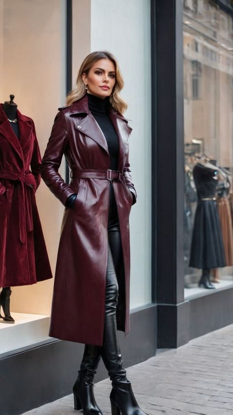 Rain Outfits Fall, Burgundy Leather Coat, Long Leather Coat Outfit, Burgundy Coat Outfit, Burgundy Leather Jacket Outfit, Burgundy Jacket Outfit, Leather Coat Outfit, Latest Winter Fashion, Chunky Dad Sneakers