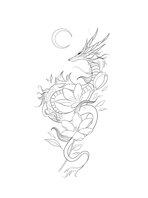 Dragon Tattoo For Women Back, Flower Dragon Tattoo, Dragon Outline Tattoo, Feminine Dragon Tattoo For Women, Floral Dragon Tattoo, Dragon With Flowers Tattoo, Females Tattoos, Small Dragon Tattoo, Dragon Tattoo Outline