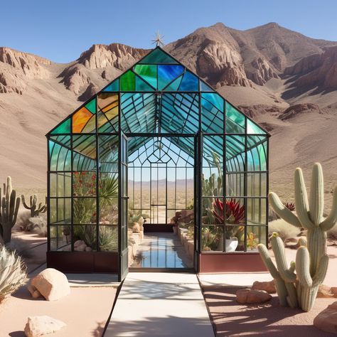 Nestled in the heart of the arid desert lies a magnificent stained glass greenhouse, a beacon of color and life amidst the barren landscape. The sun's... -  #Desert #Glass #greenhouse #Stained Stain Glass Greenhouse, Stained Glass Greenhouse, Desert Greenhouse, Barren Landscape, Glass Greenhouse, Desert Glass, Exotic Plants, Unique Image, Backyard Ideas