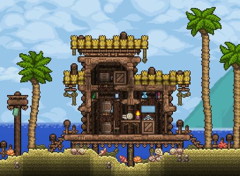 Dynasty Wood House Terraria, Terraria Ocean Build, Terraria Small Builds, Beach House Terraria, Terraria Boss Arena, Terraria Desert House, Terraria Beach House, Terraria Jungle House, Terraria Castle