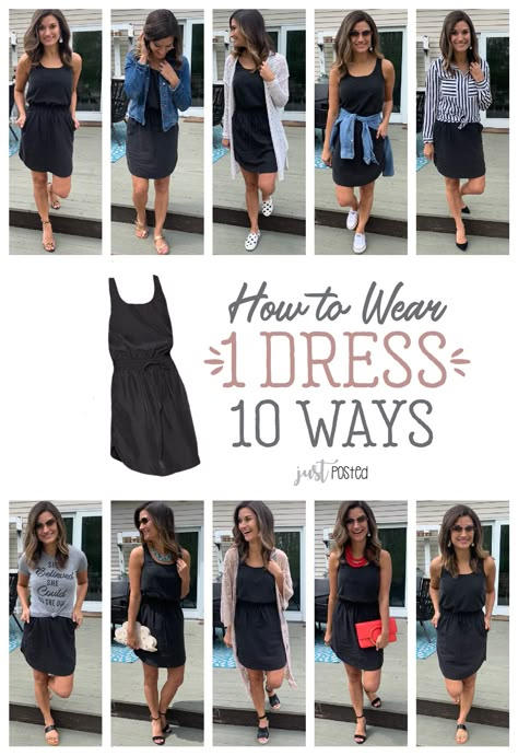 How to Wear and style 1 Black Dress 10 Different Ways - Every wardrobe needs a favorite little black dress and this one is perfect to dress up or down! It is a great item for spring or summer and for a capsule wardrobe. Such an affordable black dress too! How To Wear 1 Dress 10 Ways, One Dress Different Ways, 1 Dress 10 Ways, One Dress Multiple Ways, 1 Dress Multiple Ways, 1 Item Multiple Outfits, Multiple Ways To Wear Outfits, Same Dress Different Ways Outfits, Black Dress Capsule Wardrobe