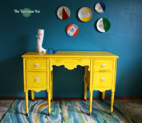 The Turquoise Iris ~ Furniture & Art: Antique Yellow Desk / Dressing Vanity Desk Dressing Table, Yellow Desk, Vintage Writing Desk, Happy Yellow, Painted Desk, Desk Inspiration, Desk Makeover, Antique Desk, Selling Furniture