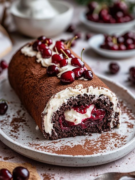 Sophisticated Black Forest Roll Cake

🌾 Ingredients 🌾
🌟 For the Chocolate Sponge Cake:
4 large eggs, at room temperature 🥚
¾ cup granulated sugar 🍬
1 tsp vanilla extract 🍦
¼ cup unsweetened cocoa powder 🍫
¼ cup all-purpose flour 🌾
¼ tsp baking powder 🥄
¼ tsp salt 🧂
🍒 For the Cherry Filling:
2 cups pitted cherries (fresh or frozen) 🍒
¼ cup granulated sugar 🍬
1 tbsp cornstarch 🌽
1 tbsp water 💧
🍰 For the Whipped Cream Filling:
1½ cups heavy cream, chilled 🥛
¼ cup powdered sugar 🍚 Chocolate Cherry Roll Cake, Cherry Roll Cake, Black Forest Swiss Roll, Black Forest Cake Roll, Black Forest Roll Cake, Chocolate Cake Roll, Whipped Cream Filling, Swiss Roll Cakes, Jelly Roll Cake