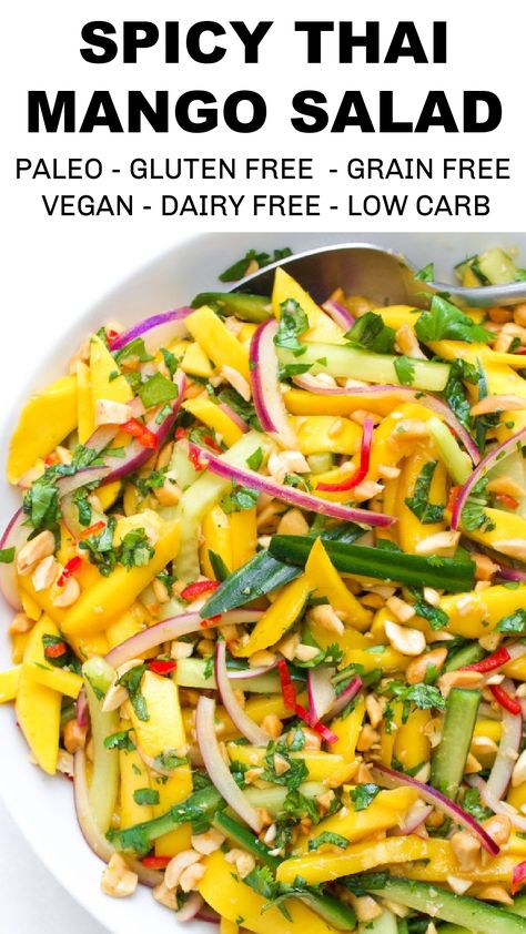 Spicy Thai Mango Salad (ready in just a few minutes!) Spicy Mango Salad Thai, Mango Asian Recipes, Salad Asian Recipes, Spicy Thai Shrimp Salad, Mango Cucumber Salad Recipe, Spinach Mango Salad Recipes, Asian Green Salad Recipe, Thai Avocado Salad, Thai Food Side Dishes