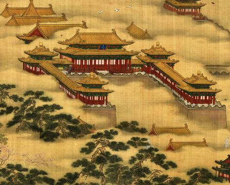 Beijing Forbidden City, Ming Dynasty (1368 - 1644), colour meticulous-style ink painting by Ming court artists Ming Dynasty Art, Chinese Artwork, China Architecture, Art Periods, Ancient Chinese Art, Chinese Landscape Painting, Forbidden City, Chinese Landscape, City Painting