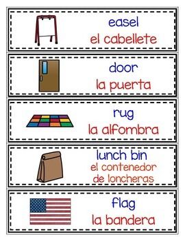 Bilingual Classroom Labels (red and blue labels) by KinderMaestra Bilingual Classroom Labels, Bilingual Classroom, Classroom Labels, English Word, Spanish Words, Picture Cards, English Words, The English, School Ideas