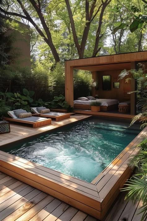 21 Stunning Small Pool Design Ideas for Tiny backyards 44 Small Plunge Pool Ideas, Little Pools Backyard, Tiny Backyard Pool, Backyard Spa Ideas Landscaping, Small Lagoon Pool, Splash Pools Backyard, Pool In Front Of House, Pool In Woods, Small Garden Pool Ideas