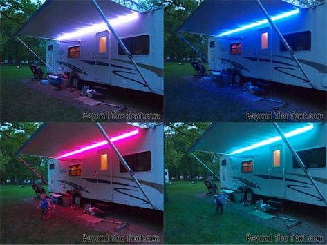 We love decorative lights at our house. At Christmas time we absolutely cover the house and yard with a massive display of colorful lights. I don’t mean simple white lights, every strand on our house has to be the multi-colored LED lights (so they are super bright). The more they flash, the better. I am … Camper Awning Lights, Camper Lights, Rv Exterior, Awning Lights, Rv Car, Camper Awnings, Outdoor Awnings, Colored Led Lights, Light System