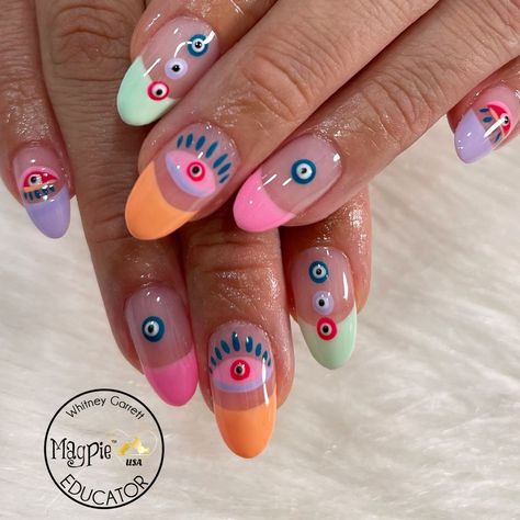 Nails Design Colorful, Evil Eye Nails Design, Manicure French Tip, Eye Nails Design, Colorful French Tips, Colorful Evil Eye, Evil Eye Nails, Nails French Tips, Finger Paints