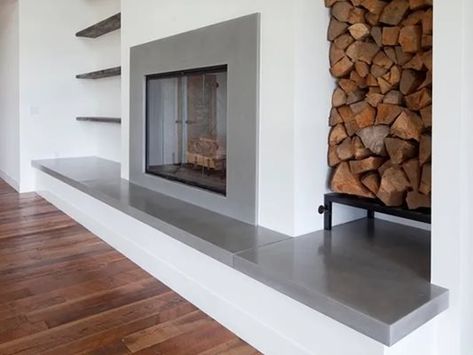 Concrete Hearth, Brick Fireplace Decor, Fireplace Seating, Fireplace Facade, Brick Fireplace Makeover, Concrete Fireplace, Family Room Fireplace, Freestanding Fireplace, Farmhouse Fireplace