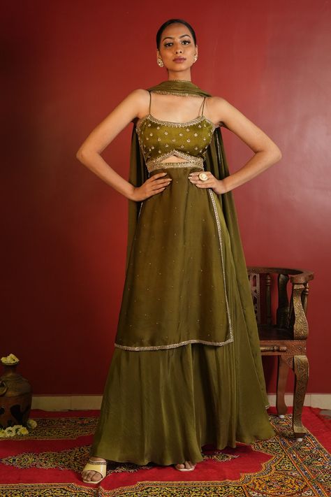 Shop for these amazing collections of Green Upada Silk Hand Embellished Zardozi Round Neck Kurta Sharara Set For Women by Enamour By Radha online at Aza Fashions. Sleeveless Sharara Suits, Mehndi Outfit For Bride, Flared Sharara, Suits For Women Indian, India Trip, Bridal Sari, Kurta Sharara Set, Desi Outfits, Kurta Sharara