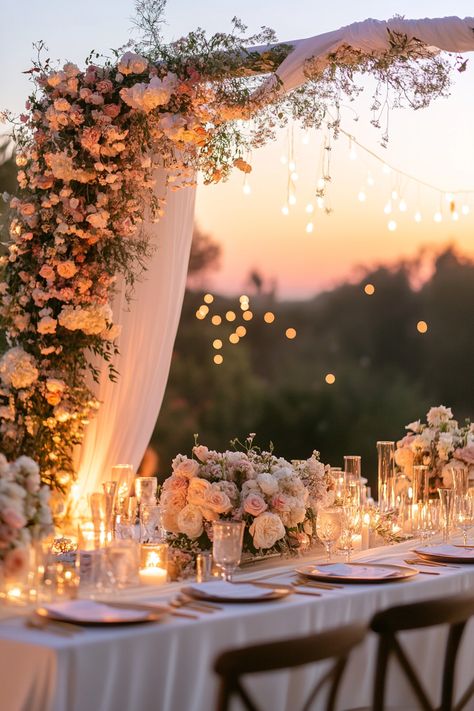 Romantic Outdoor Wedding Reception, 2025 Vision Board Wedding, Sunrise Wedding Theme, Weddings Decorations Elegant, Wedding Astethic, Sunset Themed Wedding, Whimsical Beach Wedding, Ethereal Wedding Theme, Sunset Wedding Theme