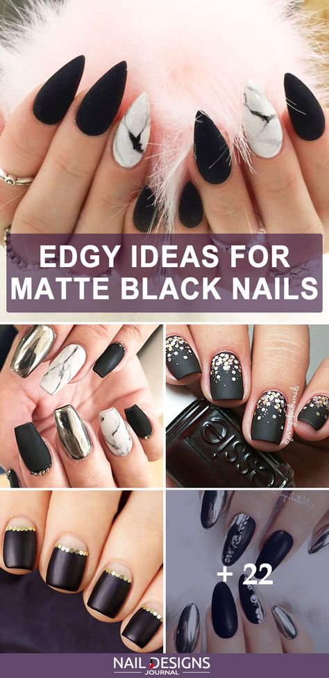 We thought that a matte and edgy can go hand in hand, especially if we have black hues in mind. That is why we present to your attention an extraordinary compilation of ideas to pull off black and matte combo so that it looks stylish and far from being boring. #nails #nailart #naildesign #mattenails Black Nails With Matte Design, Dark Matte Nail Ideas, Black Finger Nail Designs, Fall Black Nail Designs, Matte Black Fall Nails, Matt Black And Gold Nails, Black Gel Nails Short Art Designs, Matte Black And Gold Nail Ideas, Gold With Black Nails