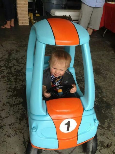 Our son's first car.  Repainted old cozy coupe turned into a Gulf inspired race car. Cozy Coupe Race Car Makeover, Cozy Coupe Race Car, Toy Makeover, Cozy Coupe Makeover, Peddle Car, Kids Car, Childs Play, Little Tikes, First Car