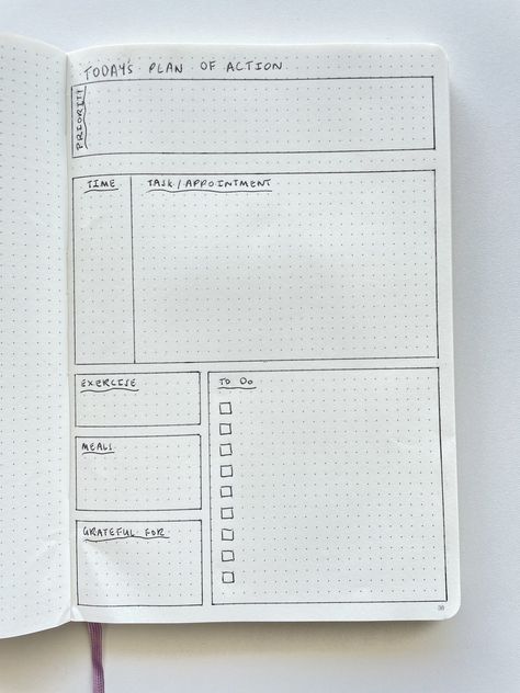 Productivity Journal Ideas, Bullet Journal Ideas Pages Daily Planner, Daily Diary Layout, Bullet Journal Project Tracker, Daily Planner Ideas Bullet Journal, Bullet Journal Day Layout, B5 Bullet Journal Spreads, Journal To Do List Ideas, Daily Planner Bullet Journal Layout