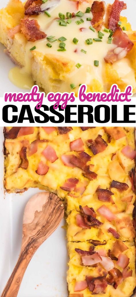 Meaty Eggs Benedict Casserole is the best brunch! Layers of Canadian bacon and crisp bacon with English muffins, all topped with Hollandaise! #RealHousemoms #eggsbenedict #meaty #hollandaisesauce #breakfast #easter #sundaybrunch crispybacon Eggs Benny Casserole, Easy Overnight Breakfast Casserole, Easy Overnight Breakfast, Savory Brunch, Benedict Casserole, Egg Bakes, Eggs Benedict Casserole, English Muffin Breakfast, Homemade Hollandaise Sauce