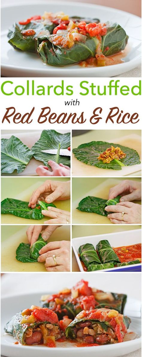 Louisiana-spiced red beans and rice wrapped in collard leaves and baked with a simple tomato sauce. These stuffed collards are vegan and gluten-free! Rice Wraps, Easy Tomato Sauce, Vegan Kitchen, Red Beans, Vegan Appetizers, Vegan Dinner Recipes, Vegan Eating, Vegan Dinners, Vegan Dishes