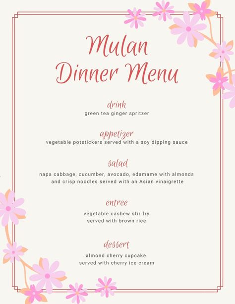 Mulan Food Recipes, Mulan Inspired Food, Mulan Themed Food, Mulan Themed Dinner, Mulan Dinner And A Movie, Mulan Recipes, Disney Movie Menu Ideas, Movie Night Menu Ideas, Disney Menu Ideas